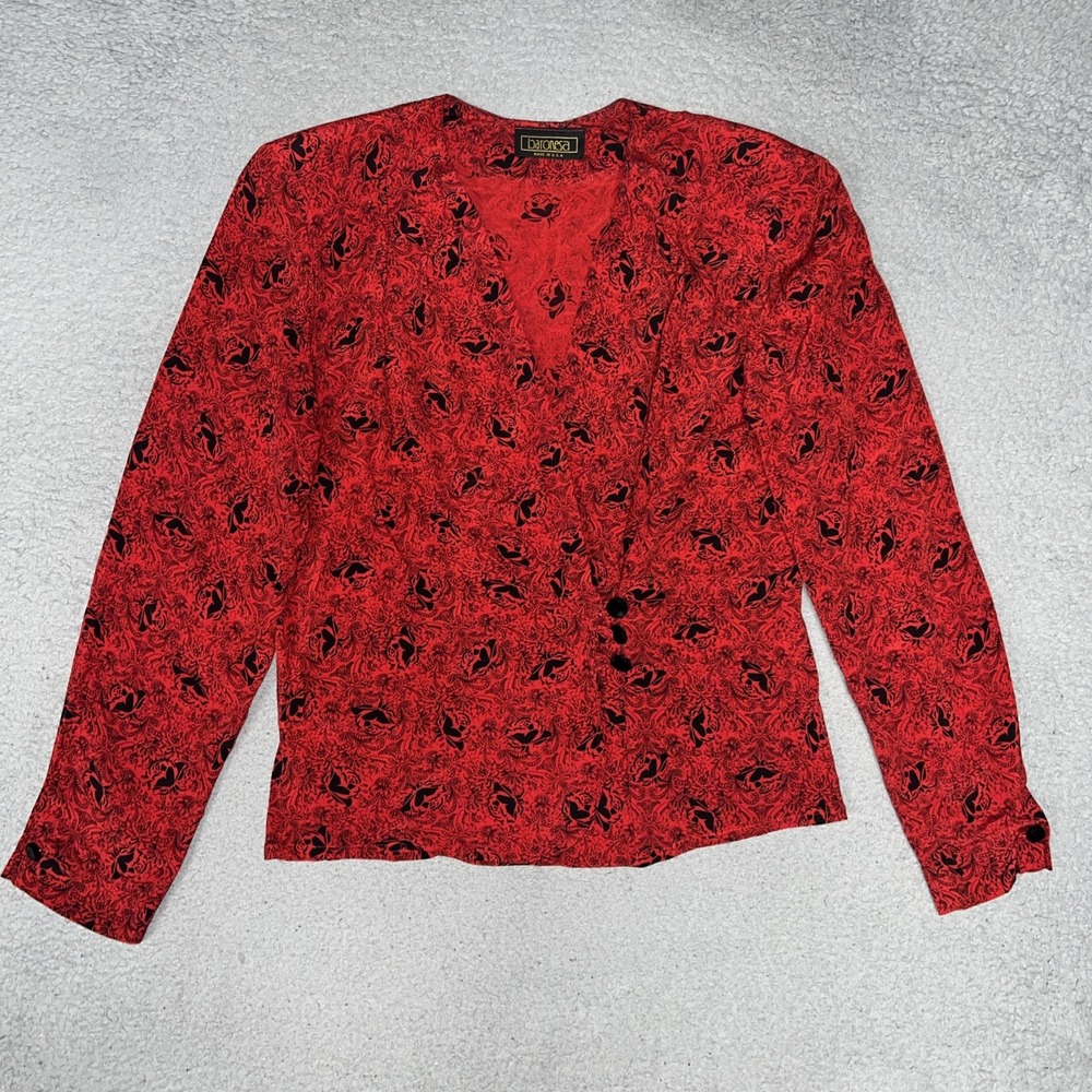 VTG Baronesa Blazer Women's Sz 8 Red Floral AOP Made In USA Coat Jacket 90s Y2k